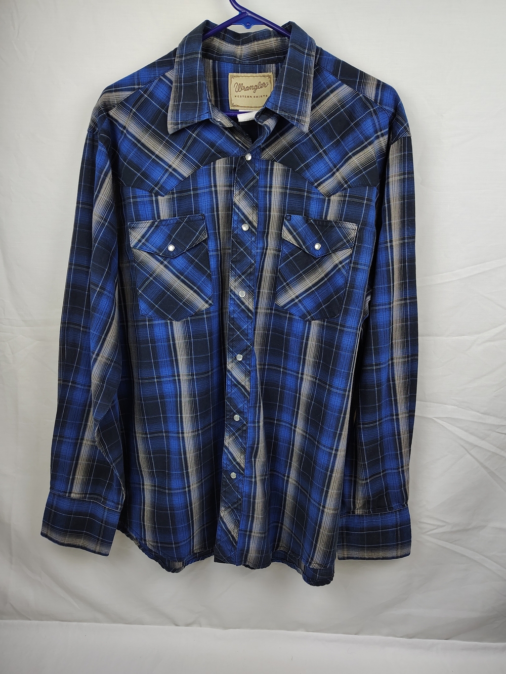 Men's Wrangler Blue and Black Plaid Button-Front Western Shirt